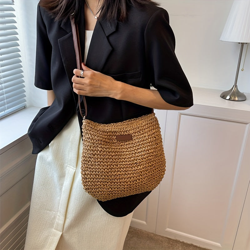 Summer Rattan Crossbody For Women, Saddle Straw Woven Shoulder Bag, Handmade Knitted Lady Small Handbag