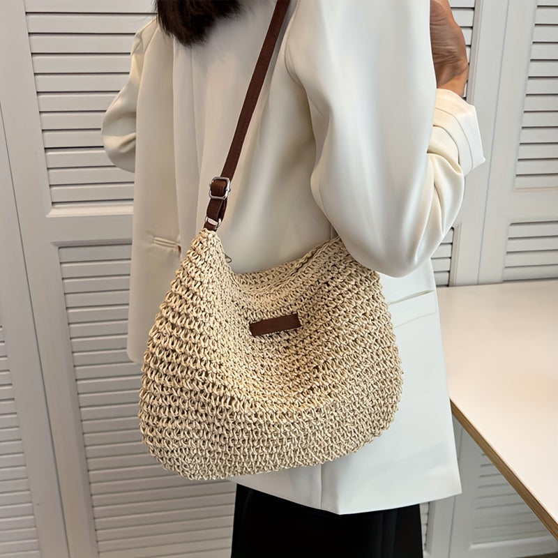 Summer Rattan Crossbody For Women, Saddle Straw Woven Shoulder Bag, Handmade Knitted Lady Small Handbag