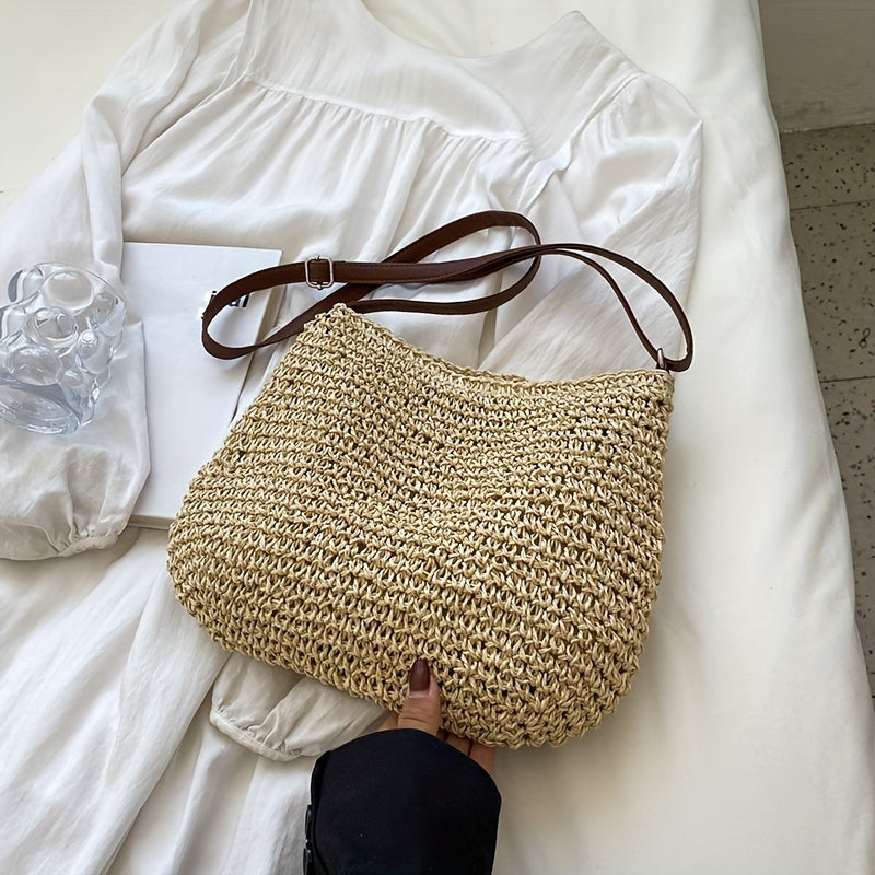 Summer Rattan Crossbody For Women, Saddle Straw Woven Shoulder Bag, Handmade Knitted Lady Small Handbag