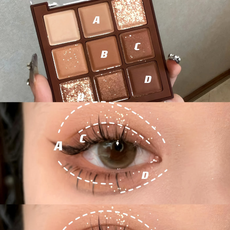 9-color Chocolate Eyeshadow Palette, Smokey Makeup, Brown Color, Pearly Matte Finish Eyeshadow, Long Lasting, Attractive Eyes Makeup Glitter