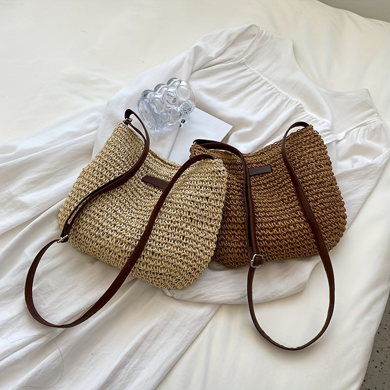 Summer Rattan Crossbody For Women, Saddle Straw Woven Shoulder Bag, Handmade Knitted Lady Small Handbag