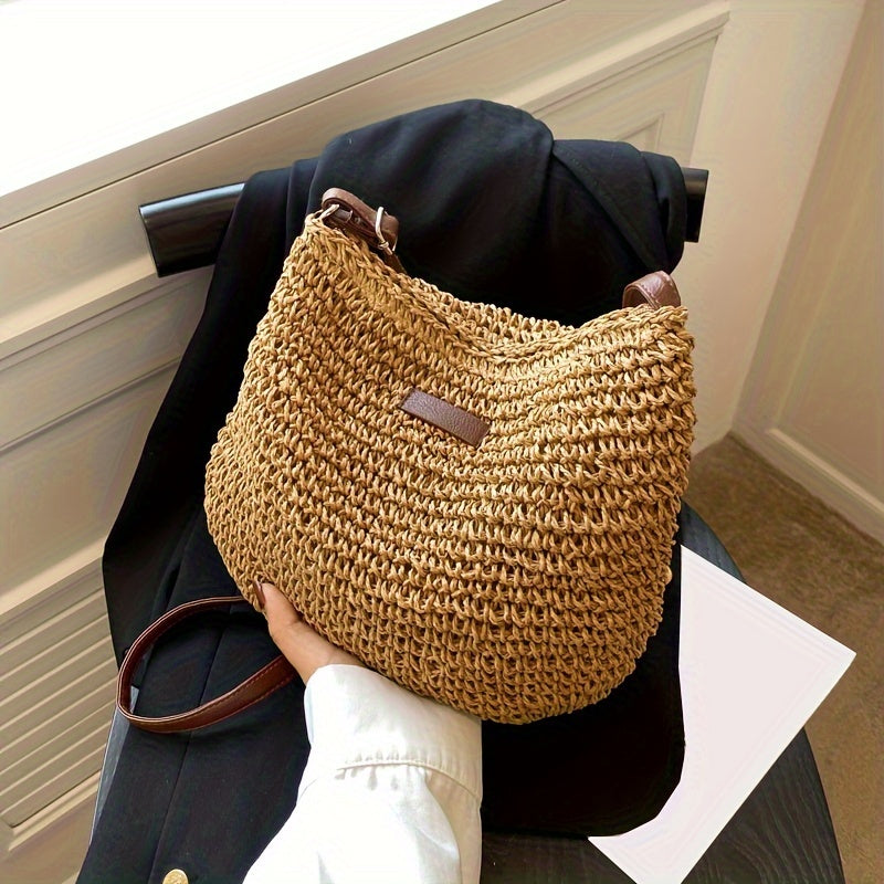 Summer Rattan Crossbody For Women, Saddle Straw Woven Shoulder Bag, Handmade Knitted Lady Small Handbag