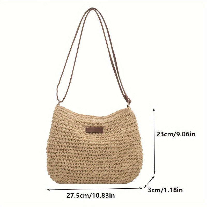 Summer Rattan Crossbody For Women, Saddle Straw Woven Shoulder Bag, Handmade Knitted Lady Small Handbag